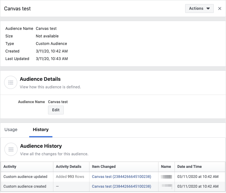 用戶詳細信息和給定Facebook用戶的History選項卡，其中包括一個用戶曆史表，其中包含活動、活動詳細信息、更改的項目以及日期和時間的列。