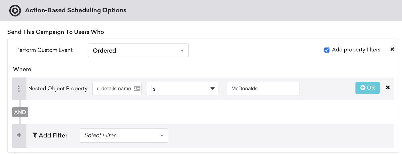 為自定義事件添加屬性過濾器r_details.name的用戶是McDonalds