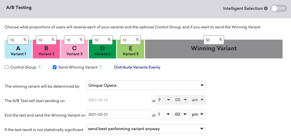 的A / B測試部分活動展示了A / B測試和對照組將分裂。還顯示設置允許您確定獲勝的變體,發送信息和偏好如果測試最終被統計微不足道。