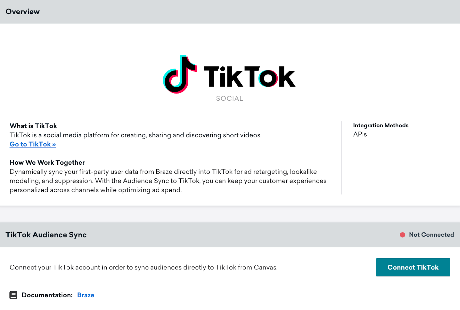 TikTok技術在釺包括概述頁麵模塊和TikTok觀眾出口模塊連接TikTok按鈕。