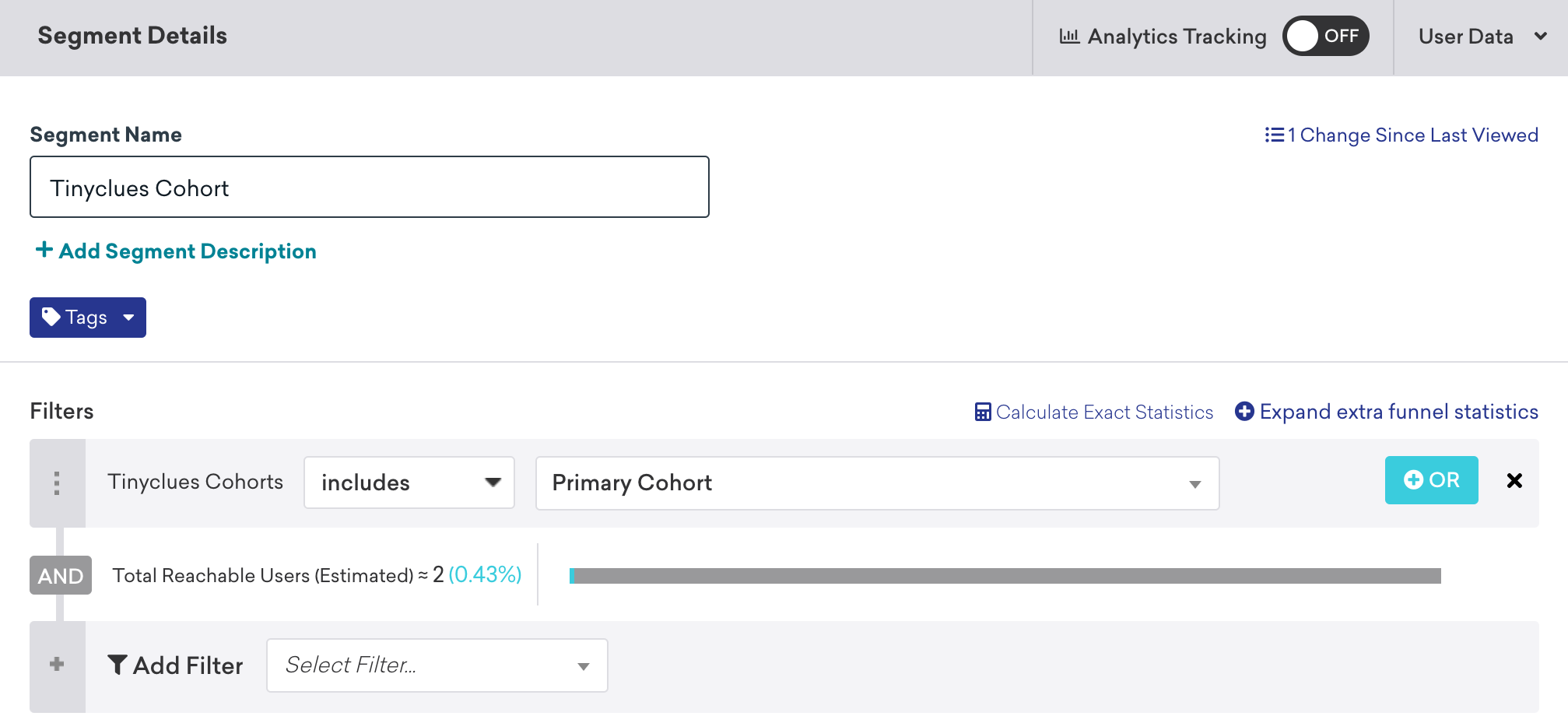 在Braze分段構建器中，用戶屬性過濾器“Tinyclues cohort”被設置為“includes”和“Primary cohort”。