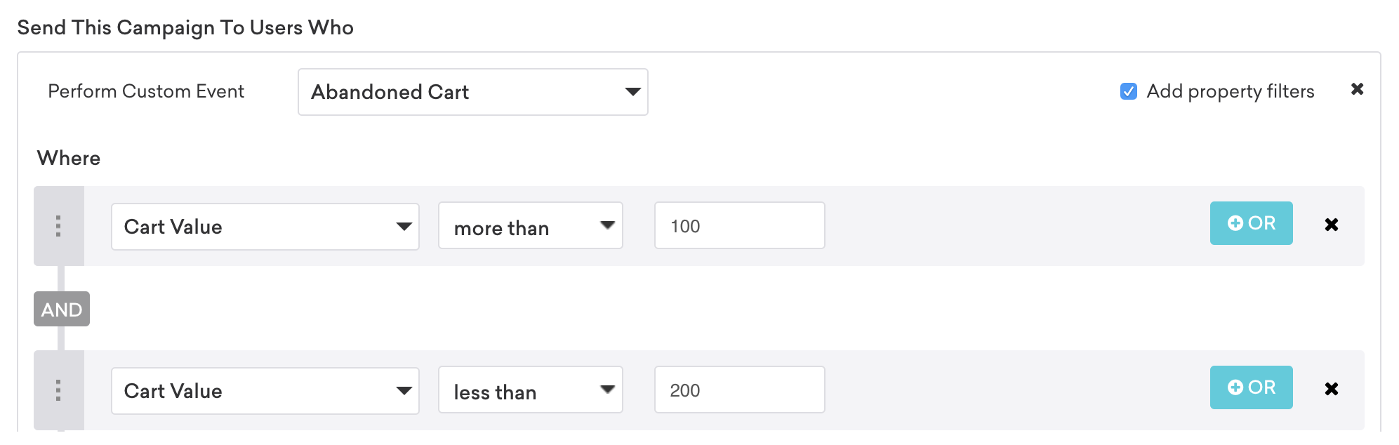 為廢棄卡片自定義事件屬性過濾器。兩個過濾器與AND操作符相結合，將此活動發送給放棄購物車價值在100到200美元之間的卡的用戶