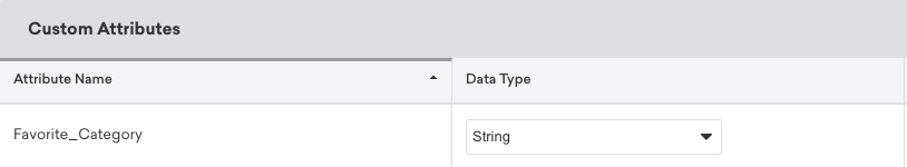 選擇一個自定義屬性的數據類型。Favorite_Category的示例顯示了一個屬性的數據類型的字符串。
